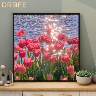 Drofe ภาพระบายสีตามตัวเลข รูปดอกทิวลิป ขนาด 40x40 ซม. สีชมพู สําหรับตกแต่งบ้าน สวน ของขวัญ