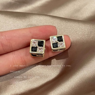 925 silver needle zircon three-dimensional square black and white lattice diamond earrings temperament personality simpl