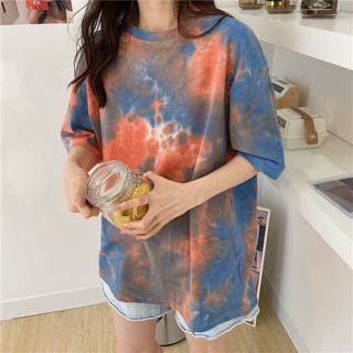 Tie-dye gradient พิมพ์ฤดูร้อนใหม่แขนสั้นเสื้อยืดผู้หญิงเกาหลีเสื้อลำลอง bottoming TOP Womens clothing