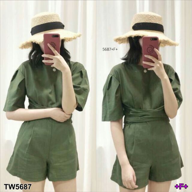 jumpsuit-จั้มสูทขาสั้น-แขนตุ๊กตาผ้าเสิทโทเรสีพื้นเรียบๆ-ข้างเอวเย็บติดผ้าผุกเอว