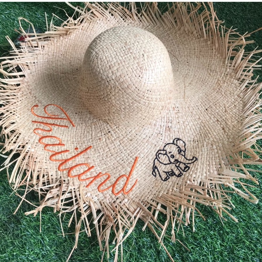 หมวกสานปีกกว้างใส่เที่ยวทะเล-ปักช้างthailand-พร้อมส่ง-e011