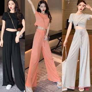 เสื้อครอปท็อป + กางเกงเอวสูงขากว้างสไตล์เกาหลี 1 ชุดสําหรับผู้หญิง
