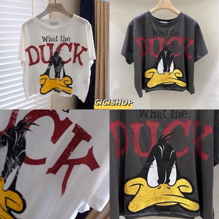 cicishop(D0106)เสื้อครอปแขนสั้นสกรีนลายduckน่ารักคิ้วท์ๆ