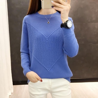 เสื้อกันหนาวแขนยาว คอกลม ผ้าถัก แบบสวมหัว สีพื้น สไตล์เกาหลี สําหรับผู้หญิง