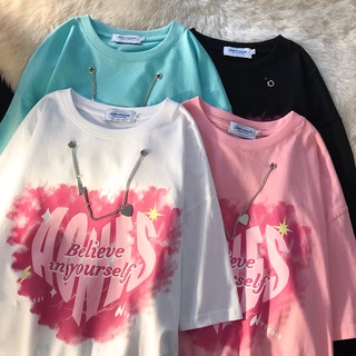 เสื้อยืดสีขาวเสื้อยืดแขนสั้น ผ้าฝ้าย พิมพ์ลายหัวใจ โอเวอร์ไซซ์ สไตล์เกาหลี สําหรับผู้หญิง