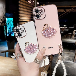 เคสโทรศัพท์มือถือ ประดับคริสตัล ลายหงส์ พร้อมสายคล้องไข่มุก สําหรับ Samsung A02s A03s A03 A02 A12 A22 A32 A52 A72 A52s 5G A21s A11 M11 M32 A71 A51 A31