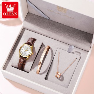 สินค้า OLEVS นาฬิกาข้อมือผู้หญิงกันน้ำวันที่ธุรกิจหนังสีน้ำตาลนาฬิกาควอตซ์ผู้หญิงนาฬิกาแฟชั่นส่องสว่าง