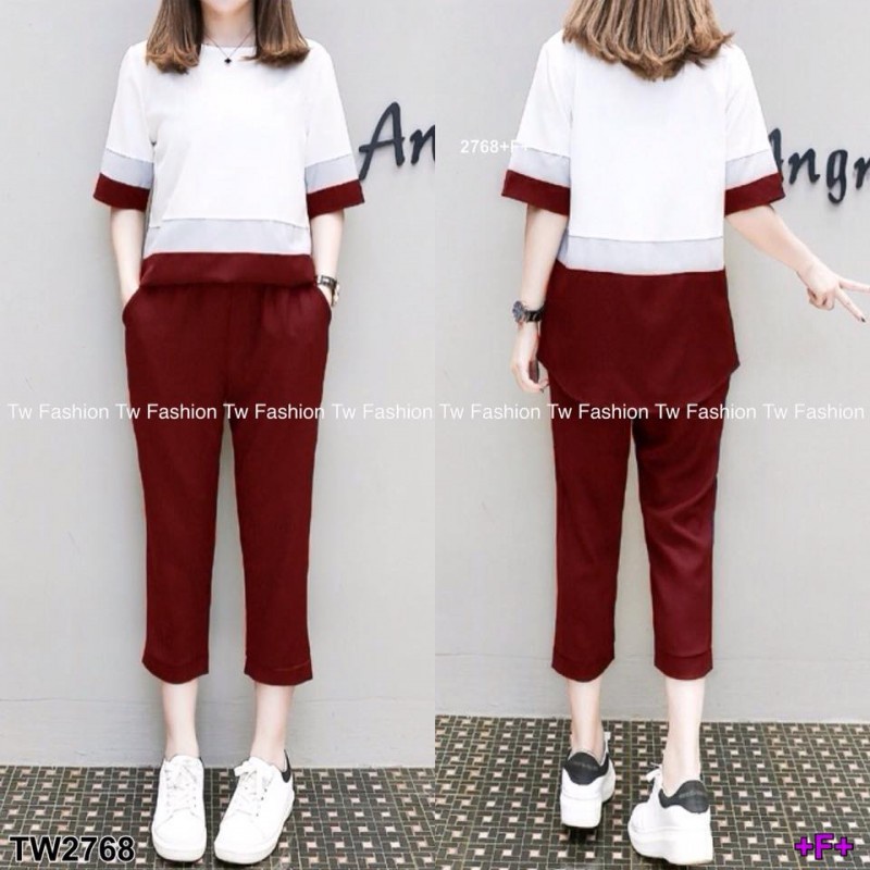 ชุดเซทผู้หญิง-เซต-2-ชิ้น-เสื้อแขนศอก-ตัดต่อผ้า3สี-กางเกงขาหกส่วน-เสื้อผ้าแฟชั่น-สไตล์เกาหลี-2768