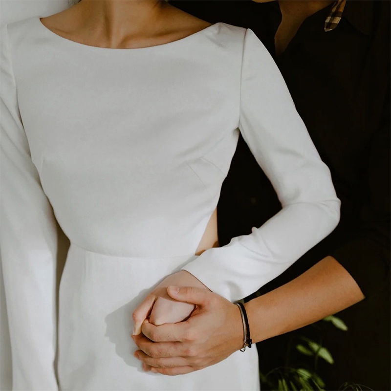 ชุดแต่งงานซาติน-ใหม่-เซ็กซี่-เรียบง่าย-แขนยาว-เจ้าสาว-งานแต่งงาน-ฮันนีมูน-ท่องเที่ยว-ชุดเดรสสีขาว