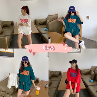 Elves✨พร้อมส่ง✨ ชุดเซ็ท เสื้อยืดแขนสั้นคอกลม+กางเกงขาสั้นลายเสื้อ 1980 เท่ๆ ~ DX-9474 ~ 07