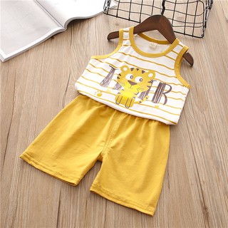 ✅พร้อมส่ง✅ ชุดเด็กน่ารัก ชุดเซตเสื้อกล้ามสีขาวลายเสือ กางเกงขาสั้นสีเหลือง