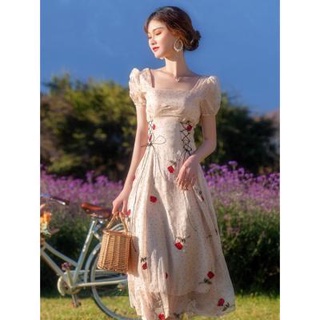 🔥Hot Sale /22427 French Mori Rose Floral Polka Dot Dress Womens New Retro Square Neck Waist Thin Fairy Skirt