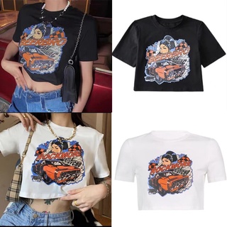 เสื้อยืดแขนสั้นสไตล์อเมริกันเรโทรของผู้หญิงเอวสูงเปิดสะดือนักเรียนสั้นแบบยุโรปและอเมริกาแบบบาง