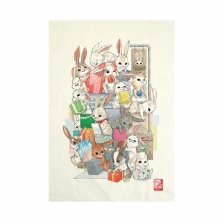 ผ้าแคนวาส พิมพ์ลาย กระต่ายของขวัญ ไม่มีกรอบ ขนาด 34.5x48.5 ซม/Rabbit Gift Fabric Art  Canvas No frame size 34.5x48.5 cm.