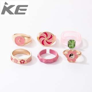 Popular accessories Macaron pink car acrylic flower color matching six-piece ring for girls fo