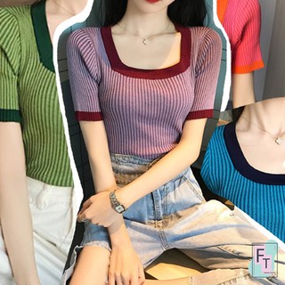 💢FT อินเทรนด์💢เสื้อยืด ไหมพรมร่อง  สีพื้น 4 สี