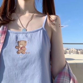 เสื้อกล้ามเปิดไหล่แขนกุดพิมพ์ลายหมีเซ็กซี่สไตล์เกาหลีน่ารัก