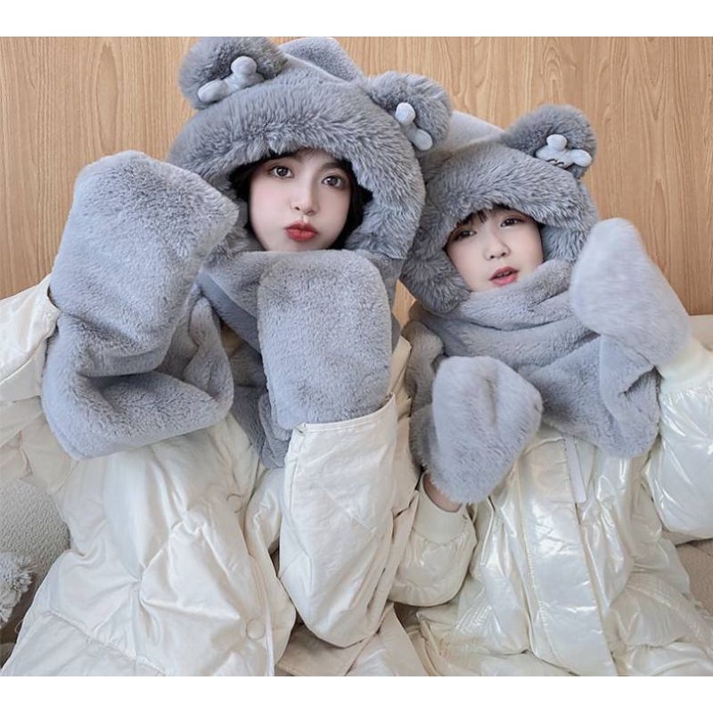 ชุดหมวกหมีพร้อมผ้าพันคอกันหนาว-ผู้ใหญ่-พร้อมส่งจากไทย
