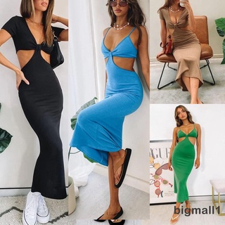 Bigmall- ชุดเดรส Midi Dress คอวีแขนกุดสายคล้องสปาเก็ตตี้ปรับระดับได้สําหรับผู้หญิง