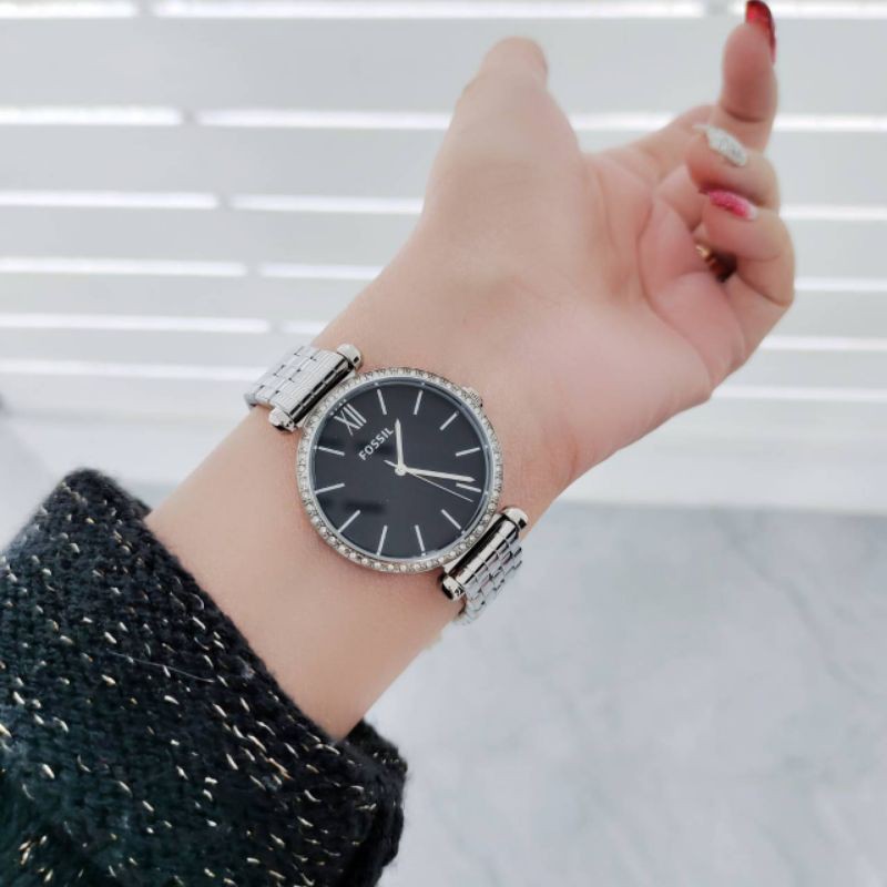 ส่งฟรี-นาฬิกาผู้หญิง-bq3496-ขนาด-36-mm-สีเงิน-ปัดดำ-fossil-womens-tillie-three-hand-stainless-steel-watch