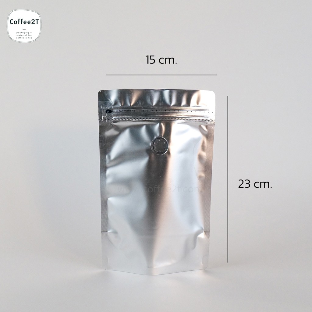 ถุงกาแฟ-ถุงใส่เมล็ดกาแฟ-ผงกาแฟ-มีซิปล็อค-สีเงิน-15x23cm-รุ่นวาว์ลสำเร็จจากโรงงาน-ตั้งได้-1แพ็ค-10ใบ
