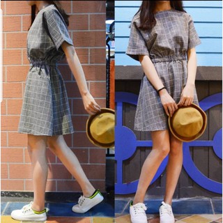 เดรสลายสก๊อต สม๊อคเอว มีสีเทา, ฟ้า