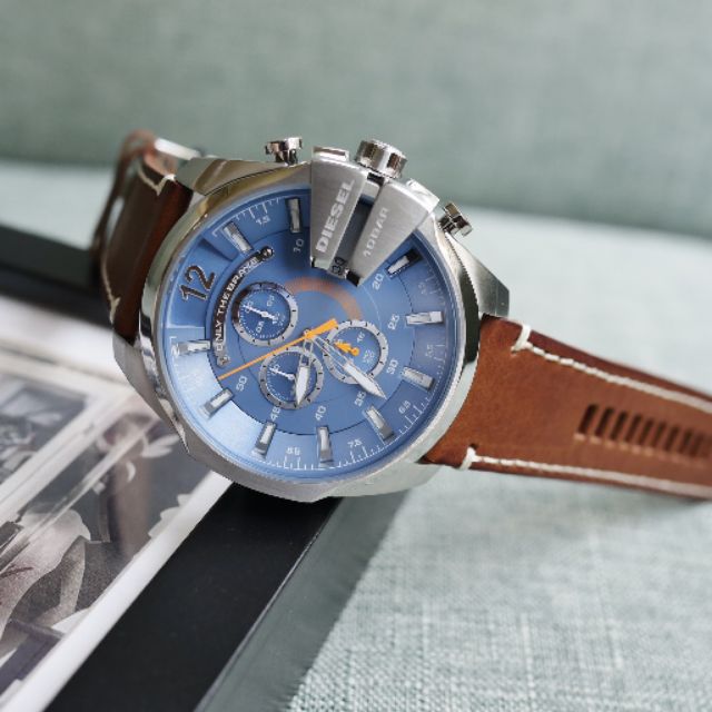 สด-ผ่อน-นาฬิกา-dz4458-ws-สายหนังสีน้ำตาล-ตัวเรือนสีเงิน-หน้าปัดสีฟ้า-เข็มสีส้ม-diesel-mens-mega-chief