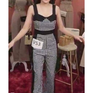 TW17540 Jumpsuit จั้มสูทขายาว ผ้าบลูเวฟลายชิโนริ แต่งแถบขาจั้ม 2 ข้าง เนื้อผ้ายืด ใส่สบาย แต่งกระดุมทองตรงอก พร้อมส่งm