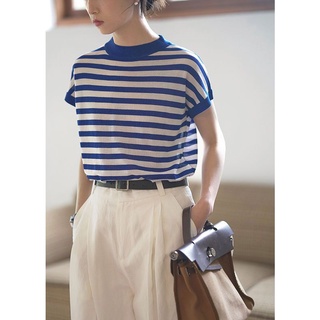 เสื้อยืดแขนครึ่ง ผ้าเรยอนถัก ลายทาง สีฟ้า แฟชั่นฤดูร้อน สไตล์ฝรั่งเศสเรโทร สําหรับผู้หญิง