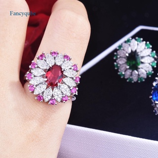 Fancyqube เครื่องประดับแหวนวินเทจรูปไข่ดอกไม้ปรับได้สีฟ้า Cubic Zirconia