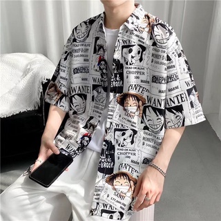 【พร้อมส่ง】เสื้อเชิ้ตลําลอง ทรงหลวม ลายลูฟี่ One Piece แฟชั่นสําหรับผู้ชาย และผู้หญิง