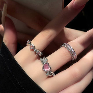 แหวนแฟชั่น ประดับเพชร สีชมพู หรูหรา ปรับได้ สไตล์เกาหลี ญี่ปุ่น สําหรับผู้หญิง