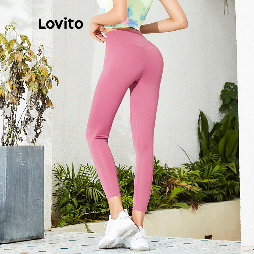 ภาพสินค้าLovito กางเกงโยคะ เล่นกีฬา เอวสูง สีพื้น L02044 (ฟ้าอ่อน/ชมพู/ดำ/น้ำเงินเข้ม/เทา/เขียว/ม่วง ) จากร้าน lovito.th บน Shopee ภาพที่ 2