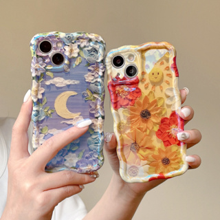 เคสโทรศัพท์มือถือ กันกระแทก ลายดวงอาทิตย์ ดวงจันทร์ ดอกไม้ ภาพวาดสีน้ํามัน น่ารัก สีฟ้า สําหรับ iPhone14 13 12 11