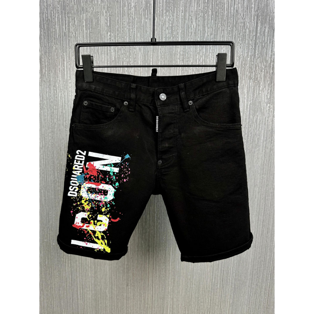 dsquard2-street-fashion-mens-shorts-black-slim-fit-stretch-print-button-hip-hop-mens-denim-shorts-กางเกงขาสั้นผู้ชาย