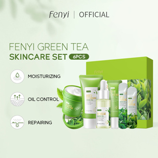 Fenyi Green Tea Skincare Set เซรั่ม ครีมบํารุงผิวหน้า กระจ่างใส อายครีม ลดจุดด่างดํา คลีนซิ่งโคลนมาส์ก 6 ชิ้น เซต