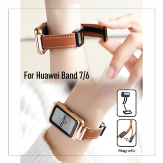 สําหรับ Huawei Band 7 สายหนัง พร้อมสายรัดข้อมือ หัวเข็มขัดแม่เหล็ก พับได้ สําหรับ Huawei Honor Band 6 สายหนังทดแทน + เคสกรอบโลหะ