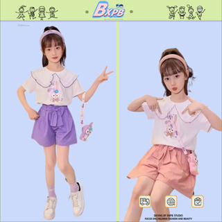 Bxpb ชุดเสื้อแขนสั้น กางเกงขาสั้น อินเทรนด์น่ารัก สไตล์เกาหลี ฤดูร้อน สําหรับเด็กผู้หญิง 110-160