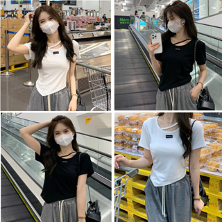 WANG JIAO ZHAN เสื้อยืดแขนสั้นสีทึบผู้หญิงสไตล์เกาหลี