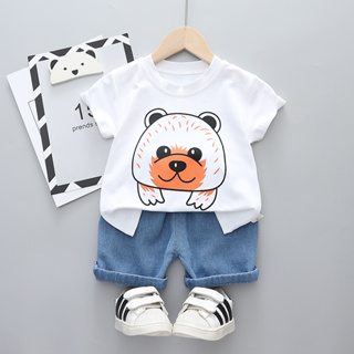 ชุดเสื้อยืด พิมพ์ลายการ์ตูนสัตว์ พร้อมหมี แฟชั่นฤดูร้อน สําหรับเด็กผู้ชาย อายุ 0-5 ปี
