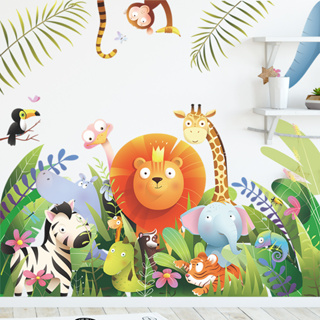 สติกเกอร์ติดผนัง ลายการ์ตูนสิงโต ยีราฟ ช้าง สีเขียว สําหรับตกแต่งบ้าน ห้องนอนเด็ก
