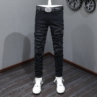 Amiri แฟชั่นใหม่ผู้ชายกางเกงยีนส์สีดำล้างน้ำแพทช์ High Street Trend Hip Hop แบรนด์กางเกงยีนส์ที่มีคุณภาพสูงยืดหยุ่น Slim Fit
