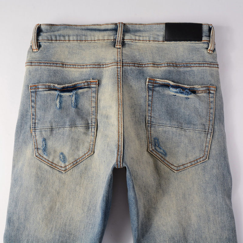 trendamiri-กางเกงยีนส์ผู้ชาย-slim-fit-edition-รุ่นสีฟ้าแตกแพทช์ปุ่มออกแบบกางเกงยีนส์ถนนสูง