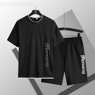 ชุดกีฬา เสื้อยืดคอกลม แขนสั้น แบบแห้งเร็ว และกางเกงขาสั้น ทรงหลวม พิมพ์ลาย แฟชั่นฤดูร้อน สําหรับผู้ชาย