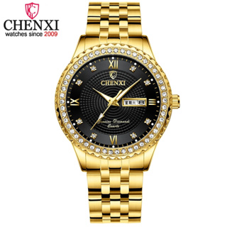 Chenxi นาฬิกาข้อมือควอตซ์แฟชั่น สายสแตนเลส สีทอง กันน้ํา แสดงวันที่ สัปดาห์ หรูหรา สําหรับผู้ชาย ผู้หญิง
