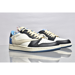 Travis Scott x Fragment Design x Jordan Air Jordan 1 AJ1 Low OG SP tripartite OFF-white 2.0 รองเท้าผ้าใบ สีขาว สีฟ้า สีดํา