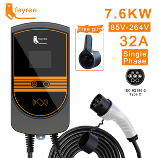 Feyree ที่ชาร์จ EV Type2 32A EVSE พร้อมอะแดปเตอร์ IEC62196-2 7.6KW สายเคเบิล 5 เมตร สําหรับยานพาหนะไฟฟ้า