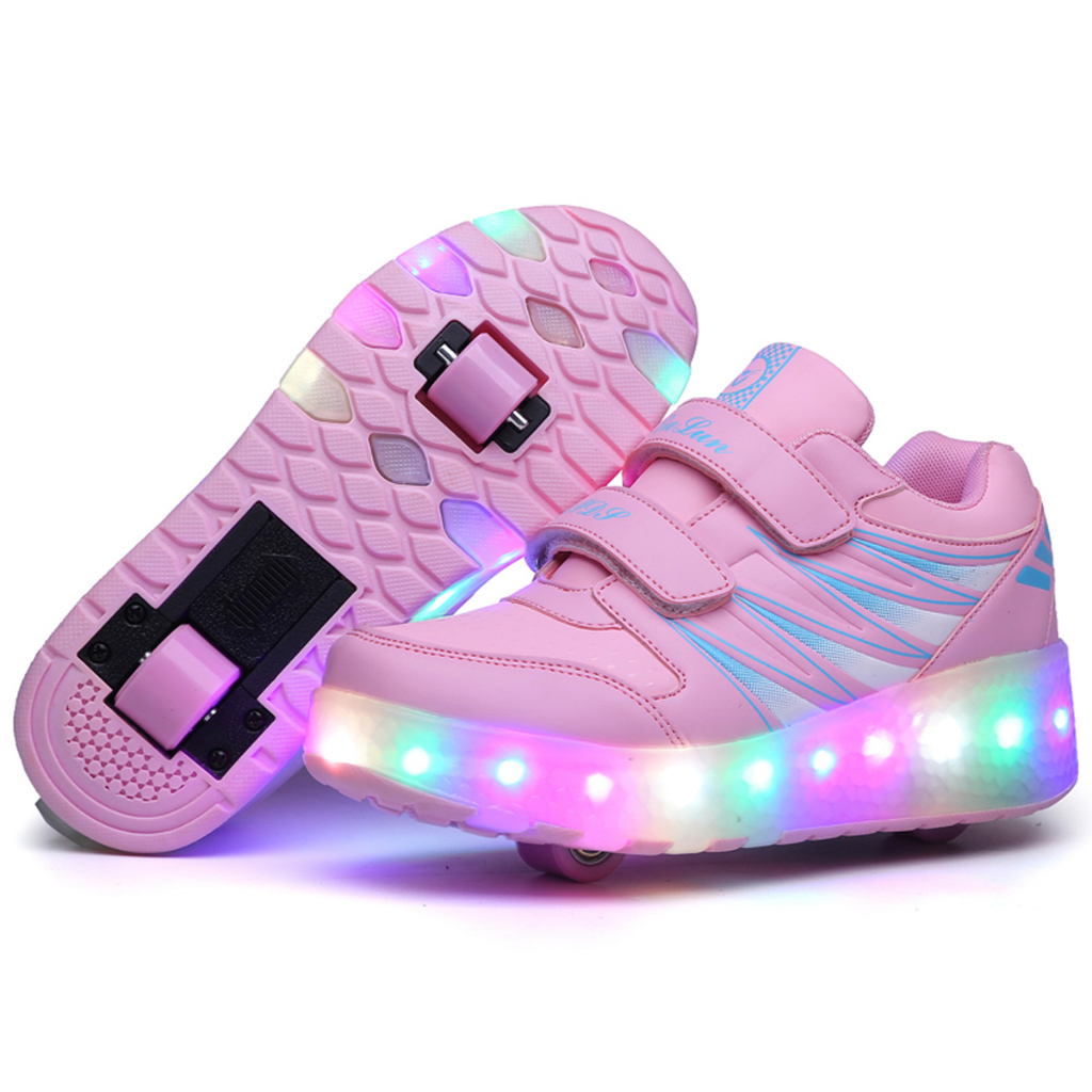 รองเท้าสเก็ตบอร์ด-รองเท้า-พร้อมล้อ-2-ล้อ-ไฟ-led-เรืองแสง-รองเท้าเด็ก-มีไฟ-2-ล้อ-รุ่น-roller-stripe