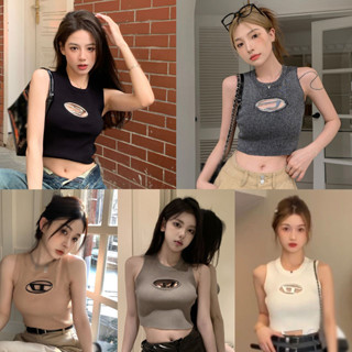 เสื้อครอปท็อปลําลอง คอกลม แขนกุด ผ้าถัก แบบรูกลวง แบบเข้ารูป สไตล์เกาหลี สําหรับผู้หญิง