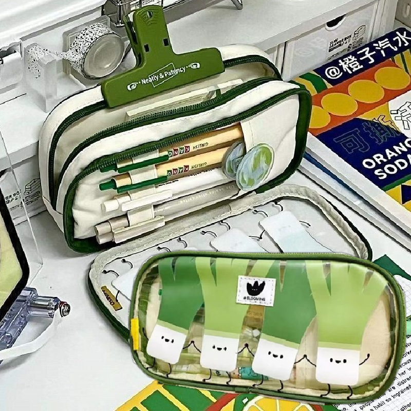 ins-กระเป๋าดินสอ-สองชั้น-ซิป-เครื่องเขียน-หญ้าน่ารัก-ความจุขนาดใหญ่-ผ้าใบ-กระเป๋าปากกา-อุปกรณ์การเรียน